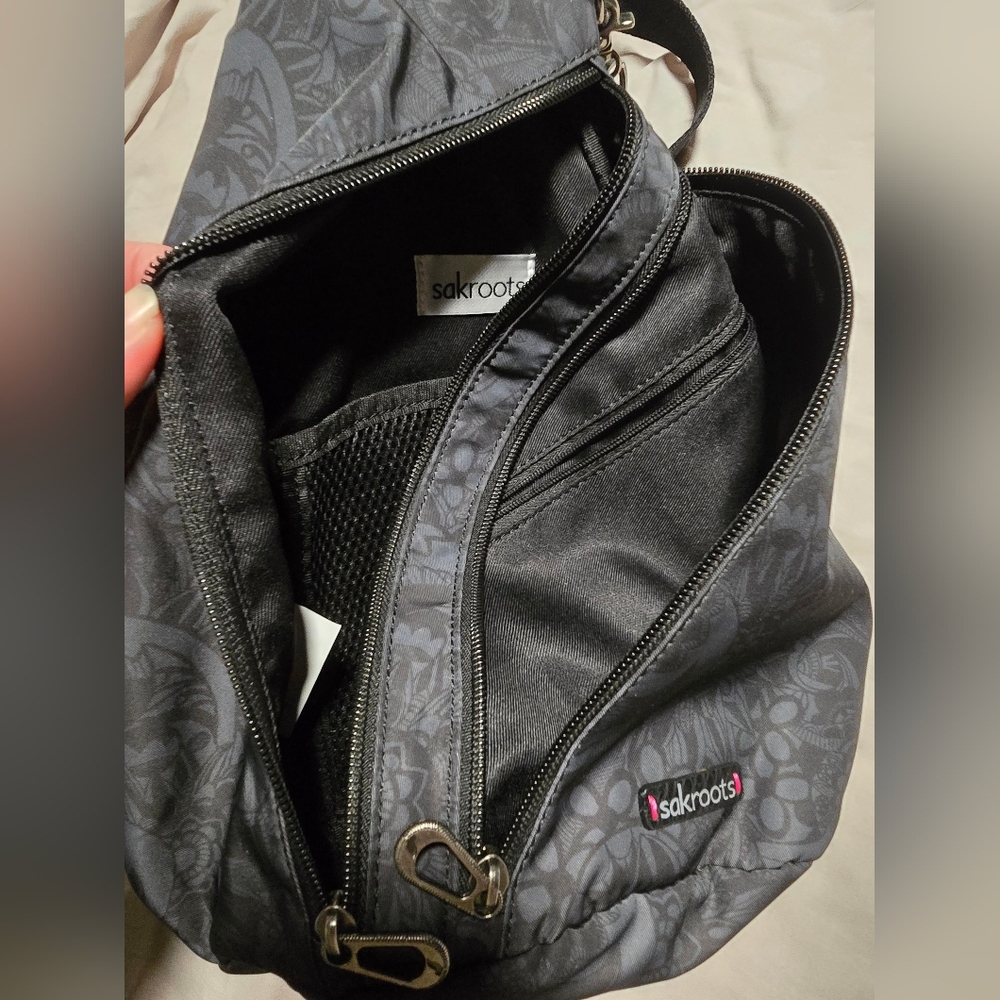 Sakroots Dark Gray Patterned Crossbody Sling Bag with Multicolor Tassel - Picture 4 of 7